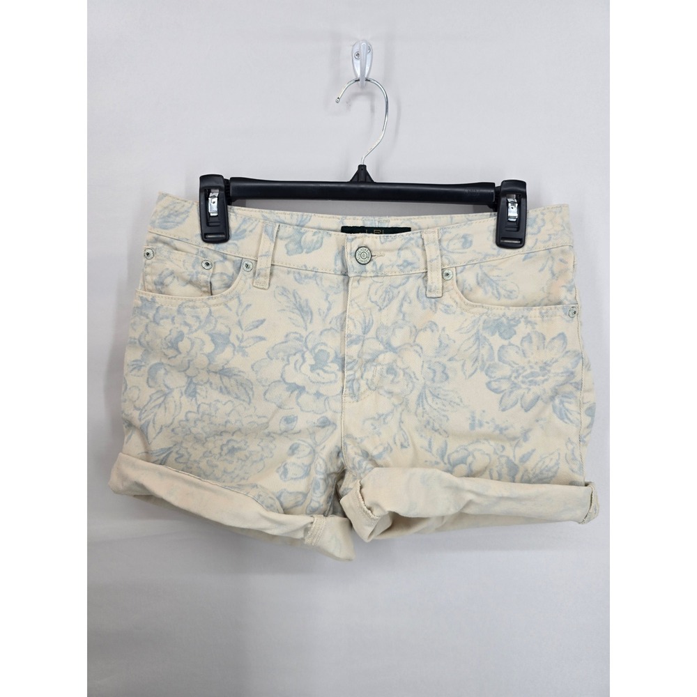 Lauren Ralph Lauren Floral Denim Shorts Blue Cream Cuffed Jean Shorts Size 4